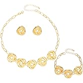 TWINKLEDE African Gold Necklace Jewerly Sets Flower Chunky Choker Necklaces Earrings and Bracelet for Women