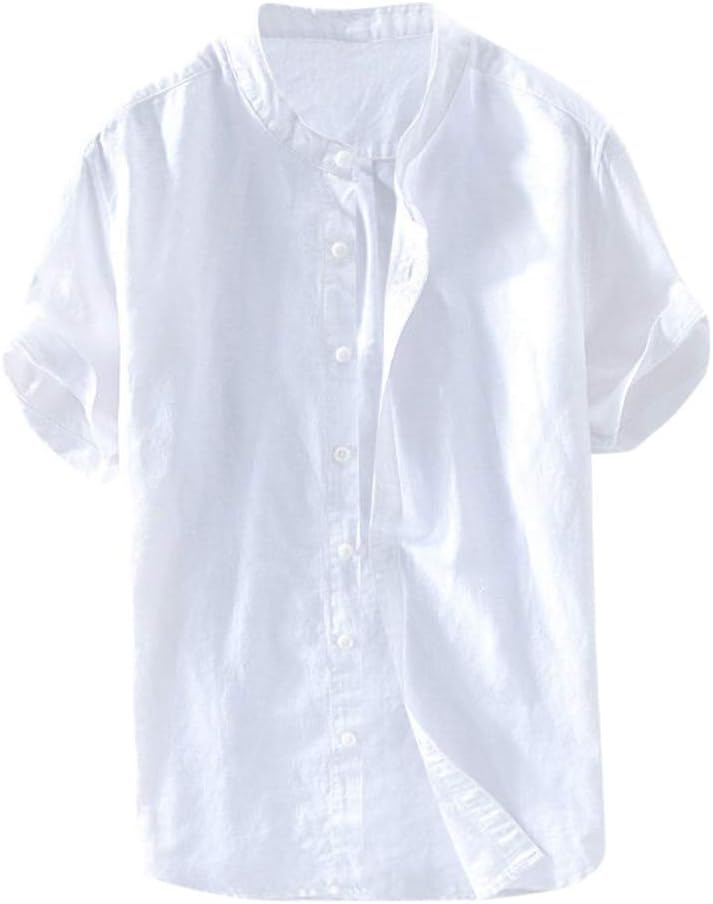 ESAILQ shirt Men's Blouse Loose Cotton and Linen Solid Color Short-Sleeved Button Retro T-Shirt