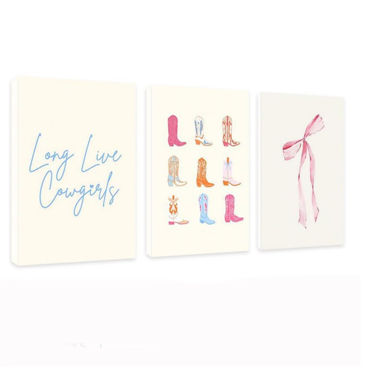 Long Live Cowgirls Canvas Wall Art, Pink Bow Coquette Poster,3Pcs Pink Preppy Coquette Bow Wall Art,Blue Yellow and Pink Cowgirl Boots Painting for Teen Girl Room Bedroom Bathroom 12x16in (Framed)