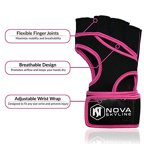 Nova Skyline Gym, Weightlifting, Exercise, Workout, Fitness & Crossfit Gloves - Padded Palm, Fingerless,Ultralight Weight, 16” Wrist Support Wrap - Men & Women – Large - Purple