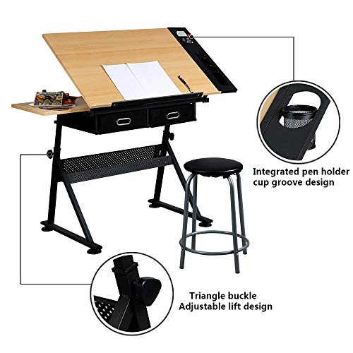 Yaheetech Drawing Table with Storage, Drafting Table, Height Adjustable
