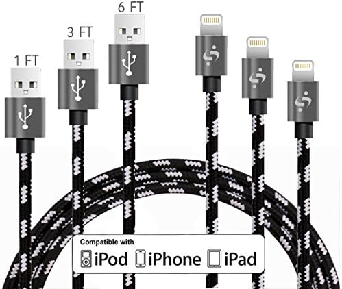 SyncTech Nylon Braided Durable 1FT 3FT 6FT Lightning Cable to USB High Speed Data Sync Charger for iPhone 7/6s/6/5/5s/SE/Plus iPad Mini/Air/Pro (D.) Black - 1FT - 3FT - 6FT)