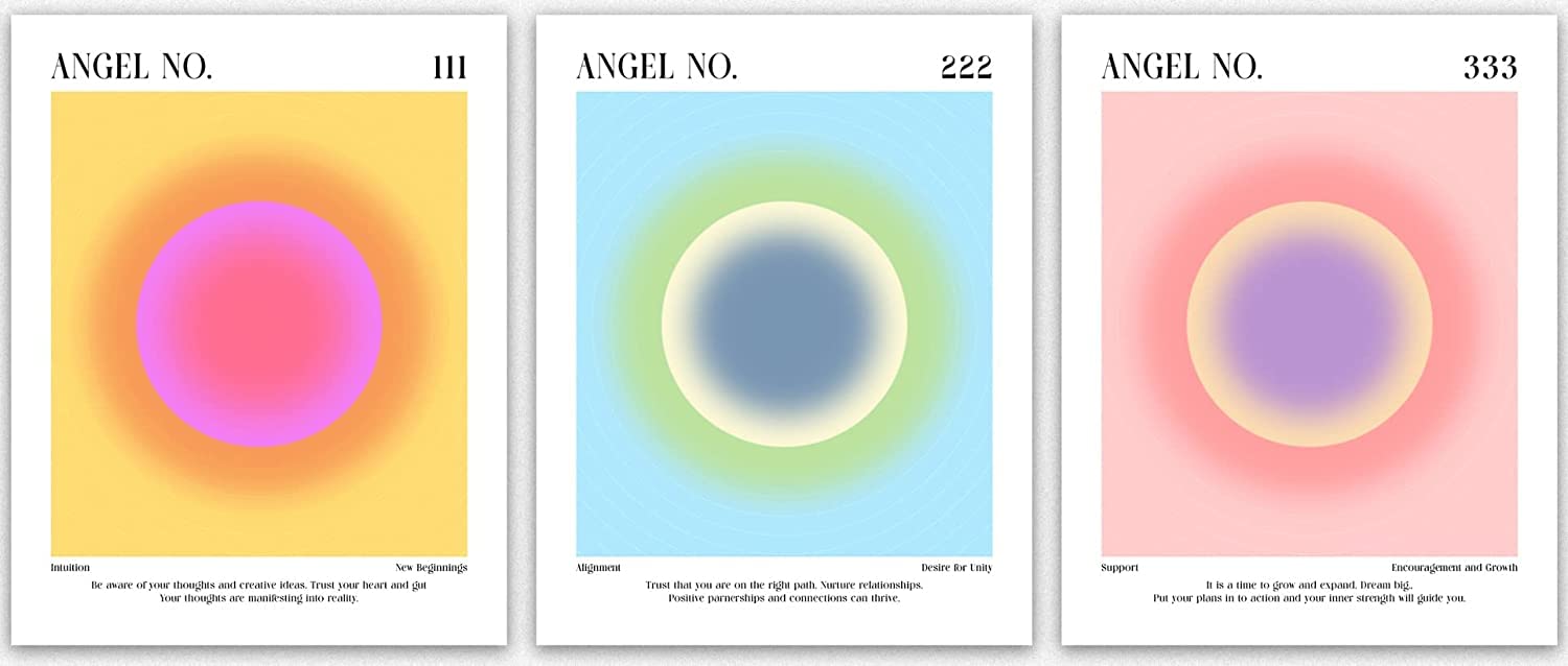 Colorful Gradient Angel Numbers Bedroom Aesthetic Wall Decor/Poster Sets for Room Aesthetic, Teen Girls Room Wall Art, Gifts for Her Home Office Posters/Set of 3 Aura Spiritual Posters (8x10)