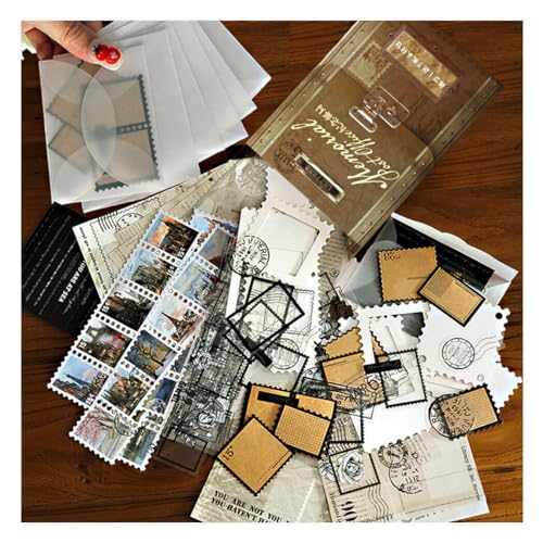 Vilikya 100pcs Postal Scrapbook Kit, Vintage Postage Stamp Stickers for Junk Journal Supplies, Decoupage Paper Quote Stickers for Collage Ephemera, Hollow Frames for Scrapbooking
