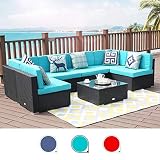 LUCKWIND Patio Conversation Sectional Sofa Chair Table - 7 Piece All-Weather Black Checkered Wicker Rattan Seating Cushion Patio Ottoman Modern Glass Coffee Table Outdoor Accend Pillow 300lbs (Green)