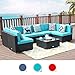 LUCKWIND Patio Conversation Sectional Sofa Chair Table - 7 Piece All-Weather Black Checkered Wicker Rattan Seating Cushion Patio Ottoman Modern Glass Coffee Table Outdoor Accend Pillow 300lbs (Green)