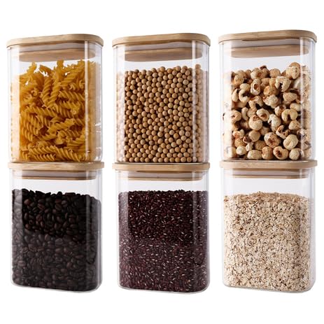 Photo 1 of Glass Storage Jars with Airtight Bamboo Lids - Stackable Kitchen Canisters for Candy, Cookies, Rice, Sugar, Flour, Pasta