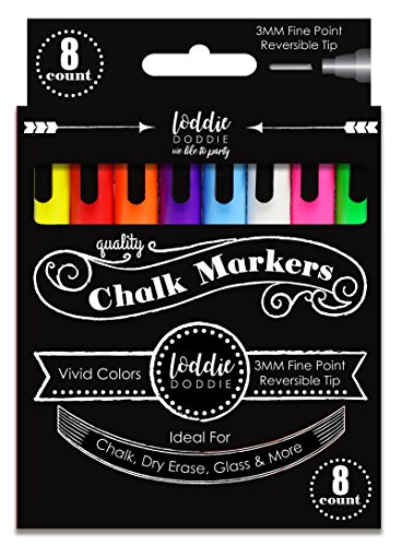 Loddie Doddie 8ct FINE POINT (3mm) Chalk Markers- VIVID Colors for use on Chalk, Dry Erase and Glass surfaces