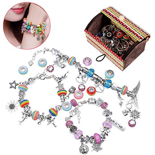 Bracelet Making Kit, 56pcs DIY Jewelry Making Kit with 3pc Silver Plated Bracelets Chains - Charm Bracelets for Girls Teen Kids, Great Christmas Birthday Welcome Handmade Craft Gift