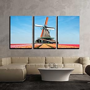 3 Piece Canvas Wall Art - Landscape of Tulips and Windmills in The Netherlands. - Modern Home Art Stretched and Framed Ready to Hang - 16"x24"x3 Panels