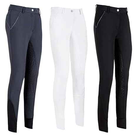 Reithose Isidro Iron Damen, Silikon-Vollbesatz, Strasssteine und silberner Schriftzug, Farbe: Taupe