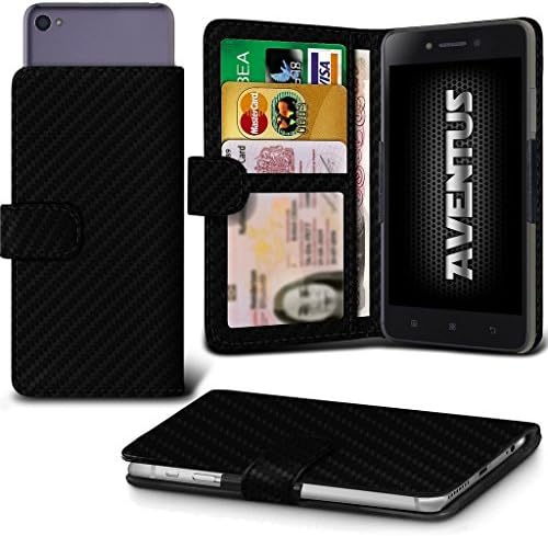 Aventus (Carbon Fibre) Intex Aqua Classic 2 Case Premium PU Leather Universal Spring Clamp Wallet Case with Camera Slide, Card Slot Holder and Banknotes Pocket