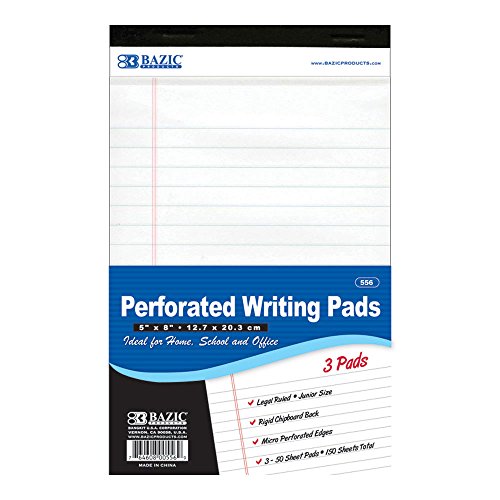 BAZIC White Jr. Legal Pad, 5 x 8 Inch, 50 Count (3 Per Pack)