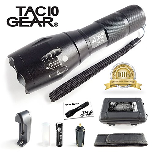 TAC10 GEAR Tactical LED Flashlight XML-T6 1000 Lumens Includes Rechargeable Li-Ion Battery and Charger Plus Pouch - Adjustable Zoom Focus 5 User Modes Water Resistant