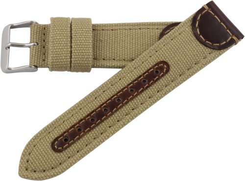 Hadley Roma MS868 20mm Khaki Genuine Leather & Canvas Stitched Men's Watch Band