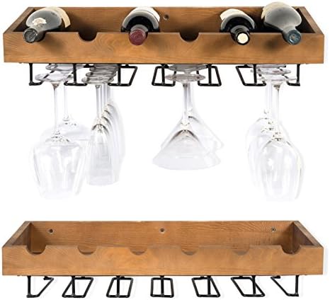 ArtifactDesign Wall Mounted Wood Wine Rack for Bottles with Stemware Glass Storage (2, Walnut Stained)