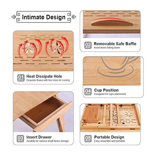 Bamboo Wood Laptop Desk Tray Foldable Breakfast Tray Table Adjustable Computer Bed Tray for Eating Laptops Writing Reading on Bed Sofa Coach with Drawer Tilting Desktop Leg (Upgraded,Thicken)