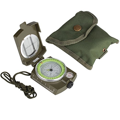 Flexzion Mini Military Compass Professional Multifunction Metal Prismatic Sighting High Accuracy Portable with Waterproof Nylon Pouch and Lanyard for Outdoor Camping Hiking Travel in Army Green