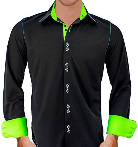 Anton Alexander Active Collection Men's Designer Dress Shirt Made In USA -L Fitted-Black/Neon Green