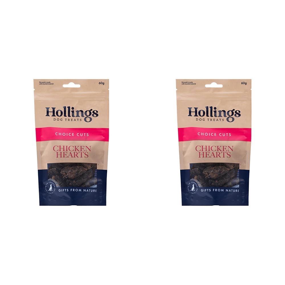 Hollings Chicken Hearts Dog Treats, 100% Natural Air Dried Treats for Adult Dogs, Grain Free & High in Protein (60g) (Pack of 2)
