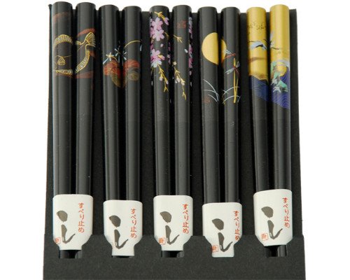 Japanese Chopsticks 5 Pair Set Dining Table Starter Kit Beautiful Gift Item Nicely Packaged (Black Scenery)
