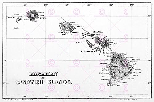 MAP ANTIQUE 1854 PERKINS HAWAII SANDWICH ISLANDS REPLICA POSTER PRINT PAM1728