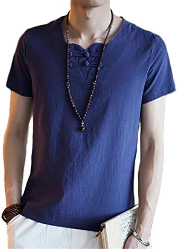 Fashion Mens flax casual Slim Fit Short sleeve T-Shirts Stylish Men V Neck Cotton T Shirt Tops Tee Plus Size M-5XL 6XL 7XL Navy Blue XXXL