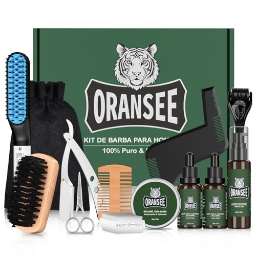 OranSee Kit Cuidado Barba 13 en 1 para Hombre, Incluye Alisador, Rodillo Microagujas, Aceite, Bálsamo y Accesorios para Crecimiento, Estilizado Natural, Juego de Regalo Hombre, Papa, Esposo, Amigo