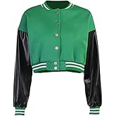 qfmqkpi Women Color block Crop Fleece Baseball Jacket Button Down Bomber Coats Sweatshirt