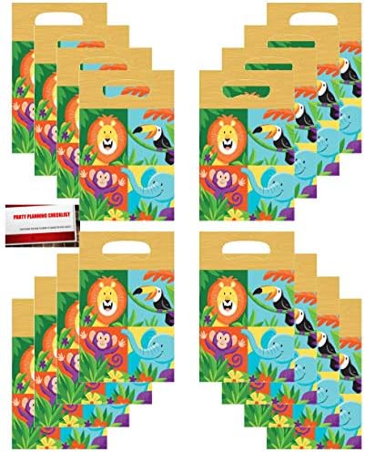 Jungle Forest Animals Safari Lion Elephant Monkey Birthday Party (16 Pack) Plastic Loot Treat Candy Favor Bags (Plus Party Planning Checklist by Mikes Super Store)