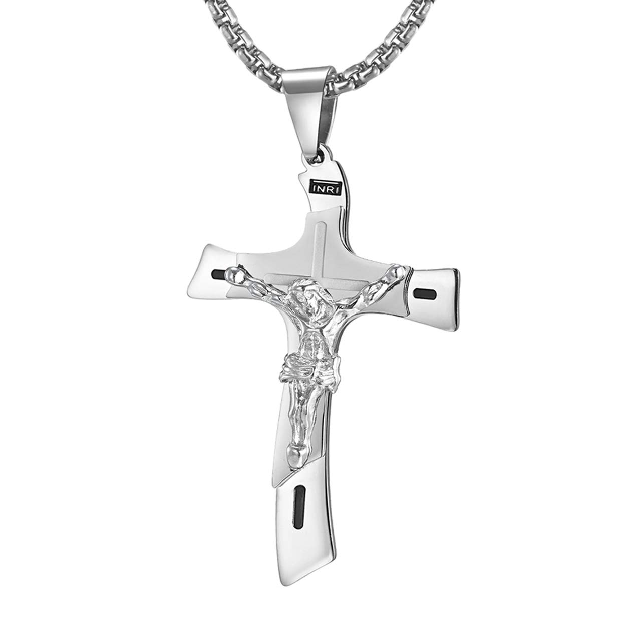 RehobothCatholic Crucifix Jesus Christ on INRI Cross Large Pendant Necklace for Teens Women Mens Stainless Steel 24 Chain