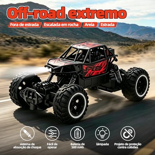 Carro de Controle Remoto Off-road, Recarregável, para Todos os Tipos de Terreno, com Faróis, Brinquedo Infantil para Atividades ao ar Livre (Vermelho e Preto)