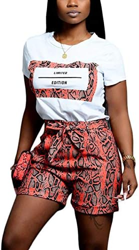 Women's Casual 2 Piece Shorts Outfits, Snakeskin Print T-Shirts Tops Short Tracksuits Set