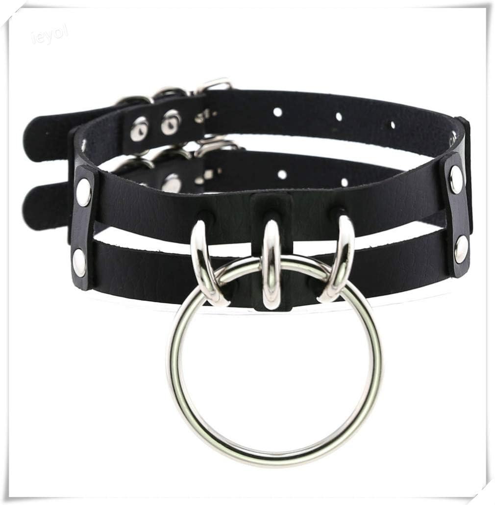 ieyol Vintage Choker O-Ring Necklace Hollow PU Leather Metal Chain Goth Collar for Cool Women Girl