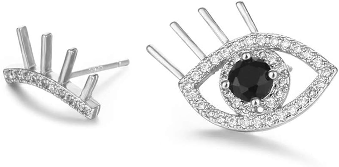 Evil Eye Stud Earrings 925 Sterling Silver Cubic Zirconia with Obsidian