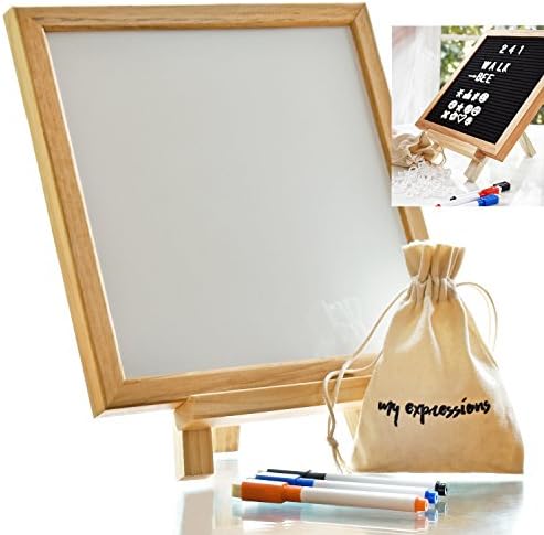 Felt Letter Board and a WhiteBoard 10x10 Inches 2in1. 340 White Plastic Letters, Oak Frame, 3 Markers with eraser tip and stand.