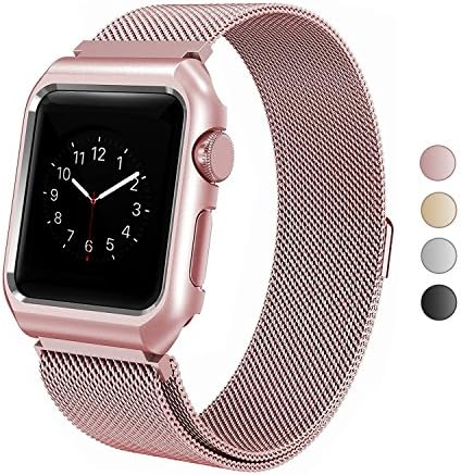 ANIYOH 38mm Apple Watch Band , Stainless Steel Milanese Loop with Metal Protect Case Frame, Adjustable Replacement Strap with Magnetic Closure for iWatch Series 3 2 1 Sport &amp; Edition – Rose Gold
