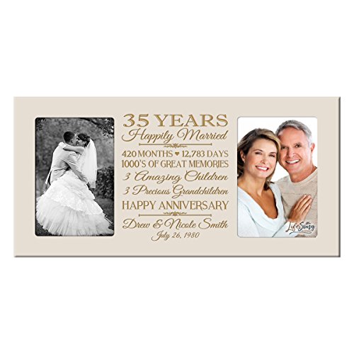 Personalized 35 year anniversary gift her him couple Custom Engraved wedding celebration for Husband wife girlfriend boyfriend photo frame holds two 4x6 photos by LifeSong Milestones (Ivory)