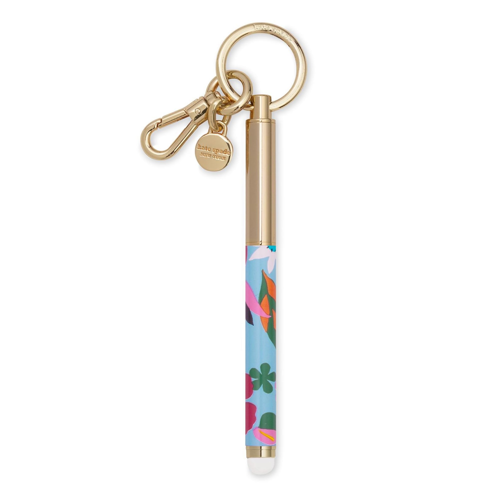 kate spade new york Colorful Metal Ink Pen Key Fob, Black Ink Ballpoint Keychain Pen, Safari Floral