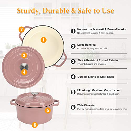 Pink Dutch Oven, Enameled Cast Iron Dutch Oven Pot with Lid, 5 Quart