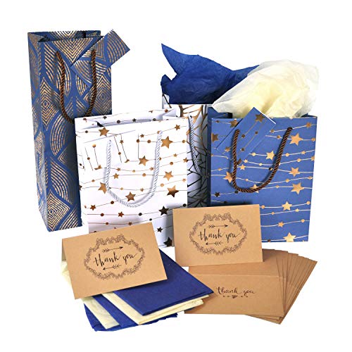 Christmas Gift Bags Bulk - Set of 16: 12 Assorted Medium Size Bags with Rope Handles + 2 Wine Bags + Tissue Paper + 12 Cards