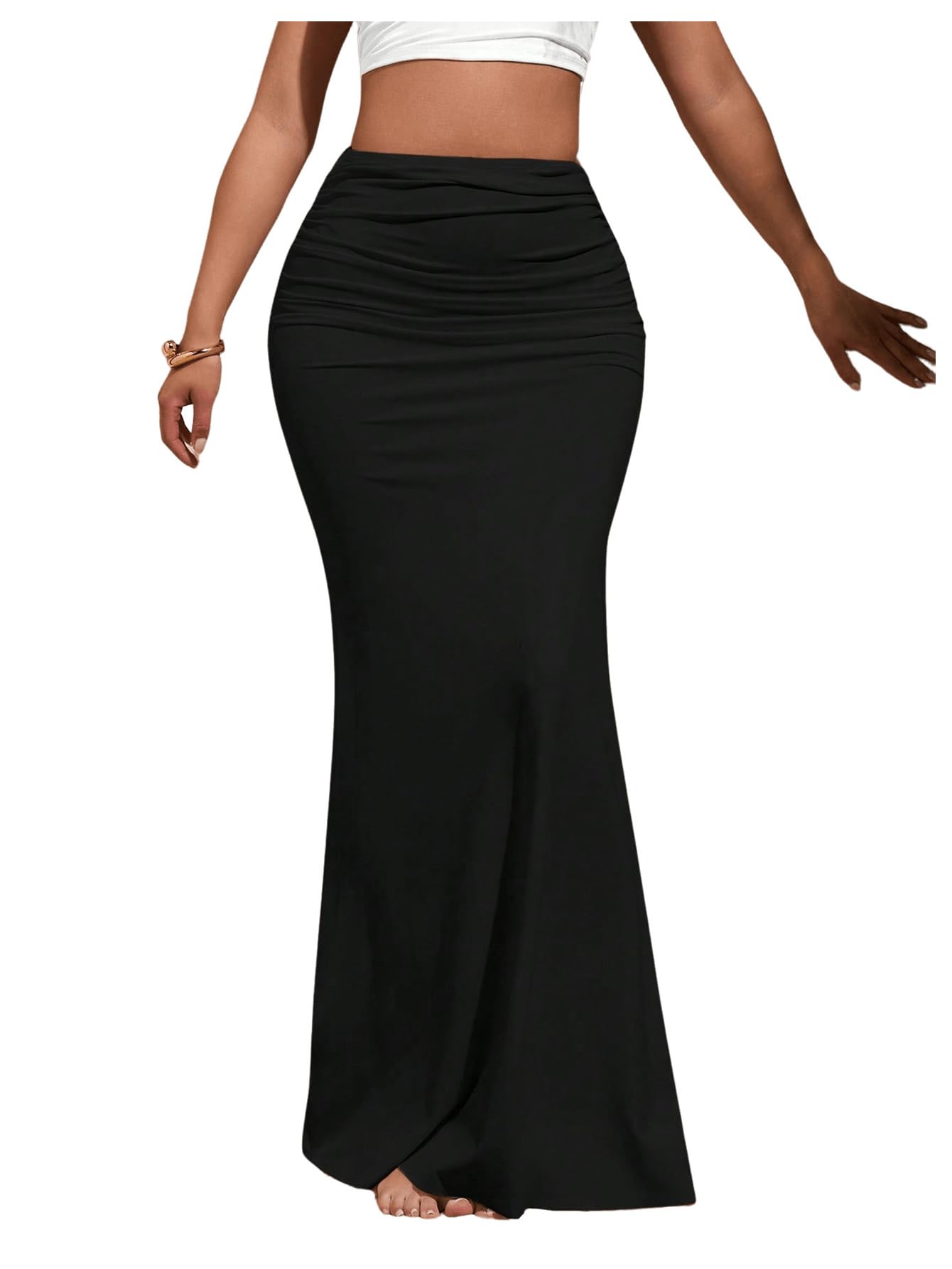 Photo 1 of Verdusa Women's Ruched Fishtail Maxi Skirt Elastic High Waisted Long Bodycon Skirts Black X-Small