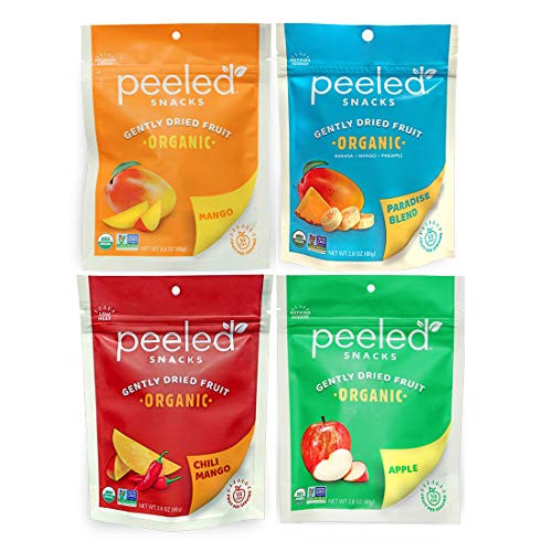 Peeled Snacks Organic Dried Fruit Variety Pack, Mango, Paradise Blend, Chili Mango, Apple, 4 Count
