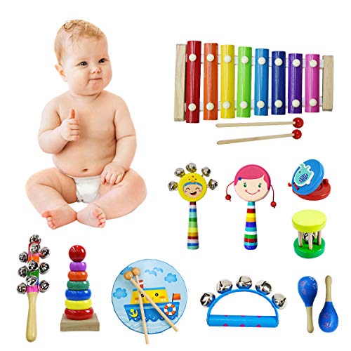 CACA 15pcs Musical Instrument Kit with Xylophone | Wooden Percussion Instruments Toy for Kids Toddler Preschoo