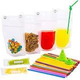 Time Saver Drink Pouches with Double Zipper for Clear Smoothie Bags - Straws and Popsicle Bags and Silicone Funnel +Ebook -176-Pcs| Food and Juice Reusable Container |Disposable and Non-Toxic,BPA Free