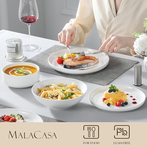 Geschirrset 6 Personen, LUNA 24-tlg Tafelservice aus Weißem Porzellan, Modernes Geschirr Set mit je 6 Speiseteller, Dessertteller, Suppenteller und Müslischalen