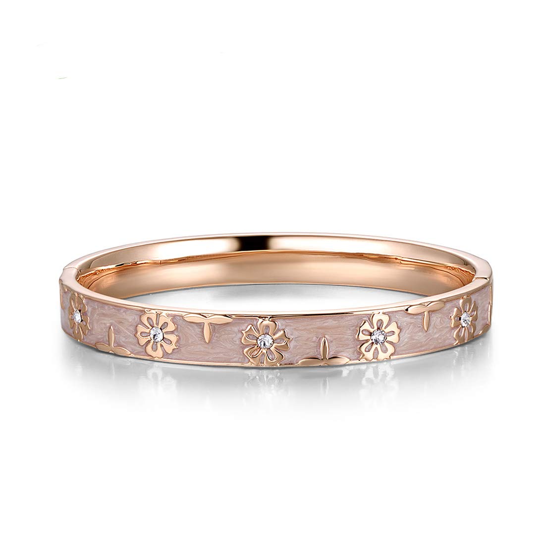 Santuzza Rose Gold Plating Bangle Brass Enamel Flower Pattern Bracelet with Crystal Ideal Jewelry Gift for Women Girls (Pink)