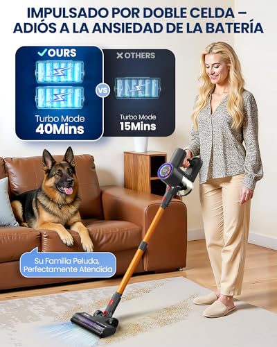 Zynet DP2 Aspiradora Sin Cable con Doble Batería, 45KPa/60Min/500W, Pantalla LED, Tubo Telescópico, Autónomo, Luz Verde, Aspiradora Escoba Sin Cable para Pelo de Mascotas/Alfombras/Suelos Duros