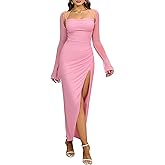 HTZMO Women's Sequin Long Sleeve Maxi Dress Sexy Halter Side Split Bodycon Formal Cocktail Party Glitter Dresses