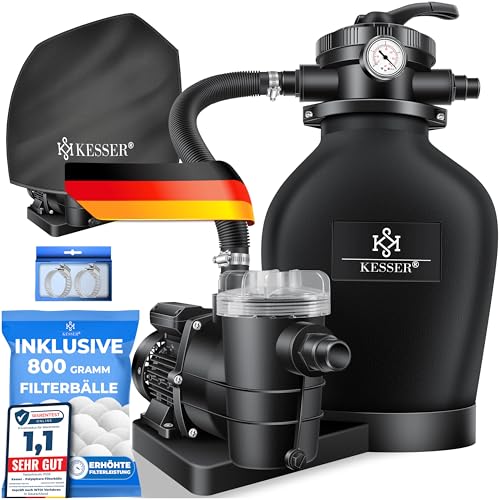 KESSER® Sandfilteranlage für Pool bis zu 60.000L, 10.200 L/h, 400W Pumpe, 20L Tank, 7-Wege-Ventil mit Druckanzeige mit 800g Filterbälle, Poolfilter 10